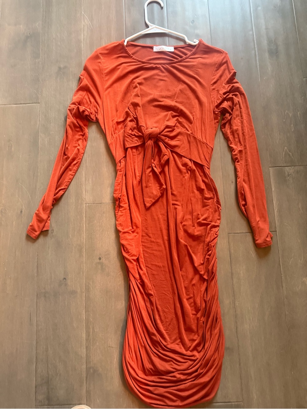 Maternity Tie-Front Long Sleeve Midi Dress in Rust Orange